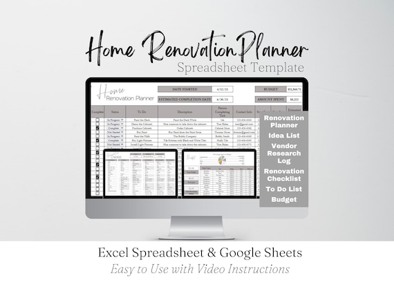 Home Renovation Checklist, Home Renovation Spreadsheet, Remodel Checklist, Kitchen Remodel, Bathroom Remodel, Interior Design Excel Google