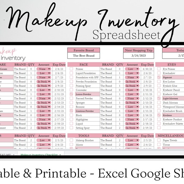 Makeup Inventory Management, Makeup Artist, Makeup Planner, Makeup Collection Organizer Inventory Sheet Organization Sheet Excel Spreadsheet