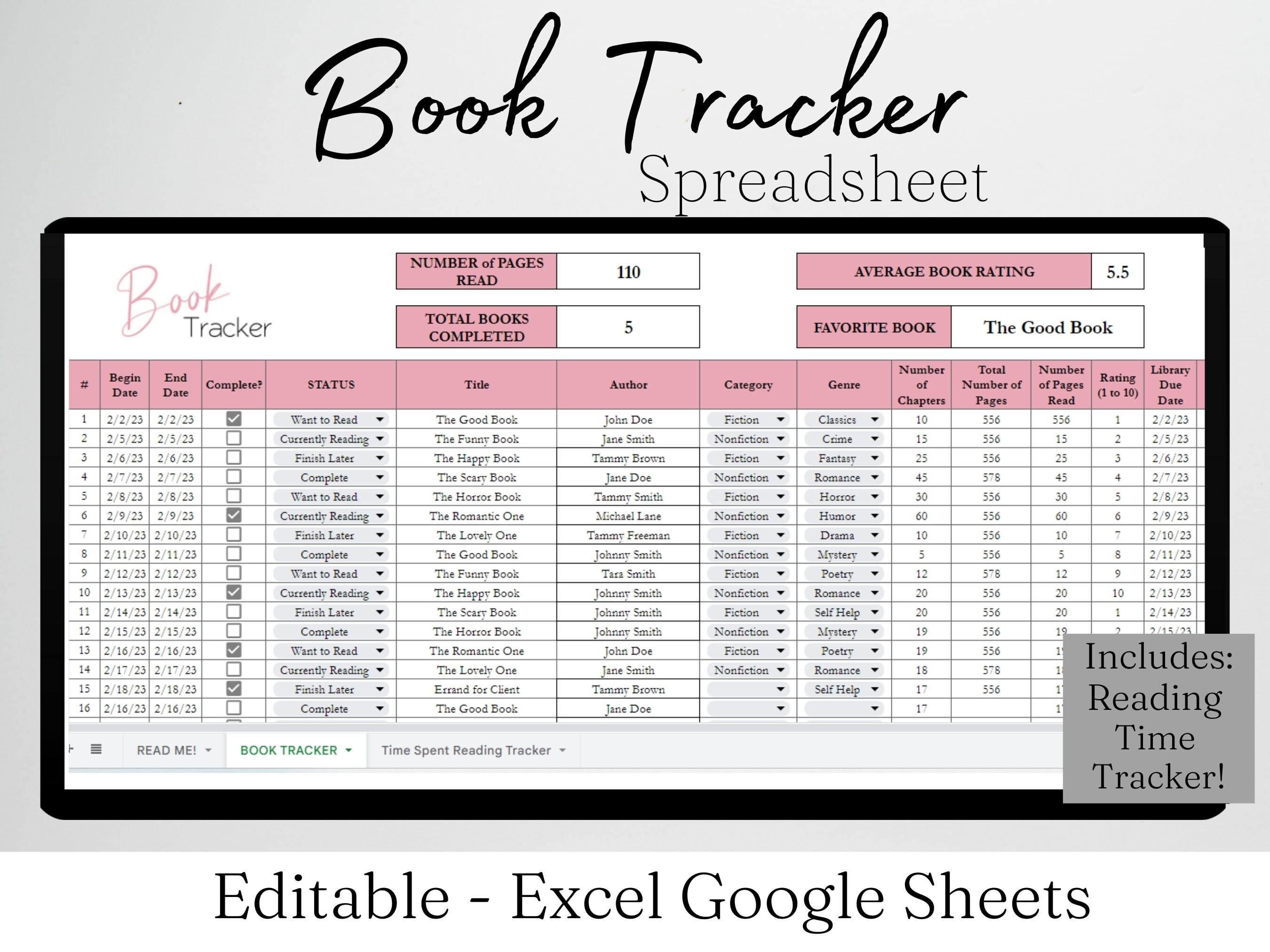 Book Tracker Journal, Book Tracker Excel, Reading Planner, Book Tracker