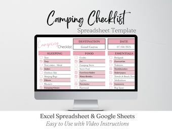 Modello di checklist per il campeggio, foglio di calcolo Google per l'elenco delle cose da mettere in valigia per il campeggio in camper, pianificatore di viaggio, foglio di calcolo stampabile per il campeggio, elementi essenziali per l'organizzazione