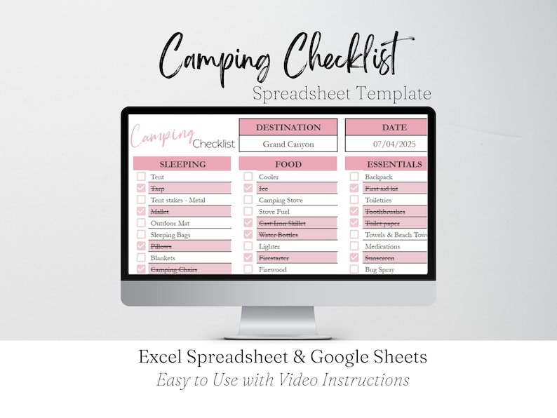 Modello di checklist per il campeggio, foglio di calcolo Google per l'elenco delle cose da mettere in valigia per il campeggio in camper, pianificatore di viaggio, foglio di calcolo stampabile per il campeggio, elementi essenziali per l'organizzazione immagine 1