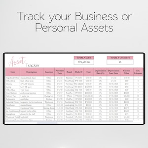 May include: A spreadsheet titled "Asset Tracker" with columns for item, description, location, purchase date, brand, model, cost, depreciation rate, depreciation start date, current value, and estimated lifespan. The spreadsheet lists various assets, including office furniture, equipment, and vehicles, with their corresponding details.