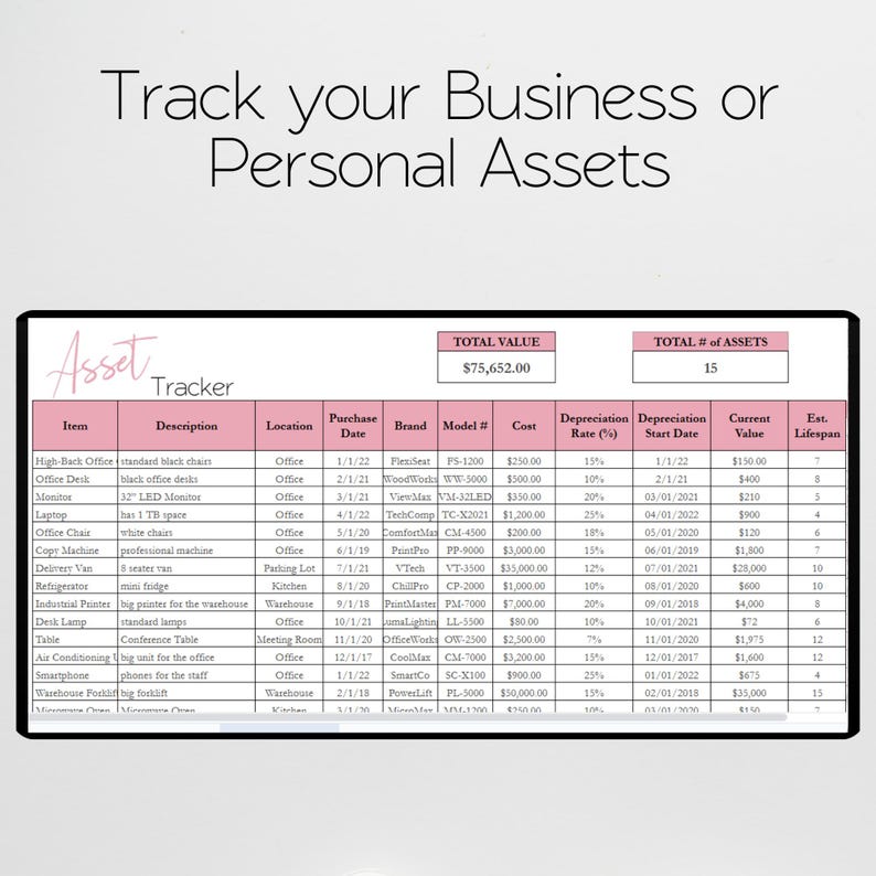 May include: A spreadsheet titled "Asset Tracker" with columns for item, description, location, purchase date, brand, model, cost, depreciation rate, depreciation start date, current value, and estimated lifespan. The spreadsheet lists various assets, including office furniture, equipment, and vehicles, with their corresponding details.