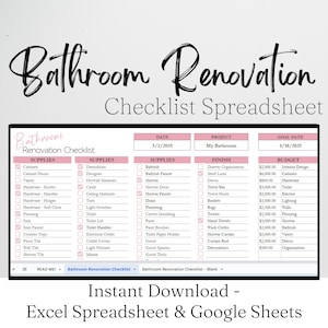Bathroom Renovation Checklist Google Sheets, Bathroom Remodel Check List Excel Spreadsheet, Home Bath Remodel Guide Planner Template