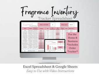 Rastreador de inventario de fragancias, Organizador de perfumes (Hojas de cálculo de Google), Plantilla de inventario de colección de fragancias, Hoja de cálculo de Excel para organización de productos de belleza