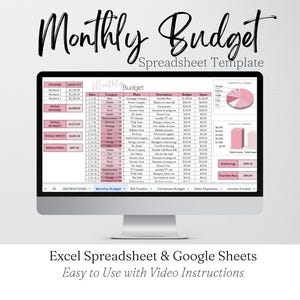 Puede incluir: Un monitor de computadora muestra una plantilla de hoja de c&aacute;lculo de presupuesto mensual rosa y blanca. La pantalla muestra ingresos, gastos y un gr&aacute;fico circular. El texto "Monthly Budget Spreadsheet Template" est&aacute; en la parte superior.
