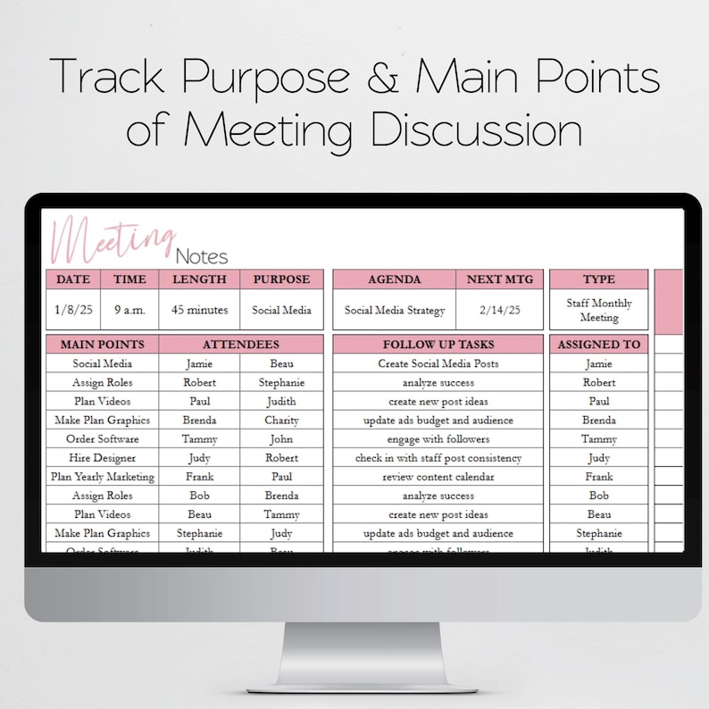 May include: A computer monitor displaying a digital meeting notes template with pink headers. The text reads Track Purpose & Main Points of Meeting Discussion, Meeting Notes, Date, Time, Length, Purpose, Agenda, Next Mtg, Type, Main Points, Attendees, Follow Up Tasks, and Assigned To.