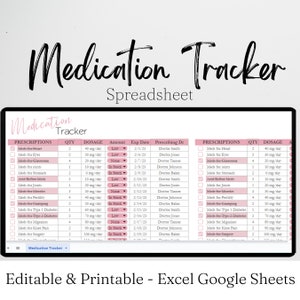 Medication Tracker, Medication Checklist,  Daily Medication Log, Medication List Planner, Medication Organizer Template Excel Spreadsheet