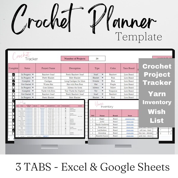 Crochet Planner, Crochet Tracker, Crochet Project Planner, Crochet Organizer, Crochet Spreadsheet, Crochet Template Google Sheets Crocheting