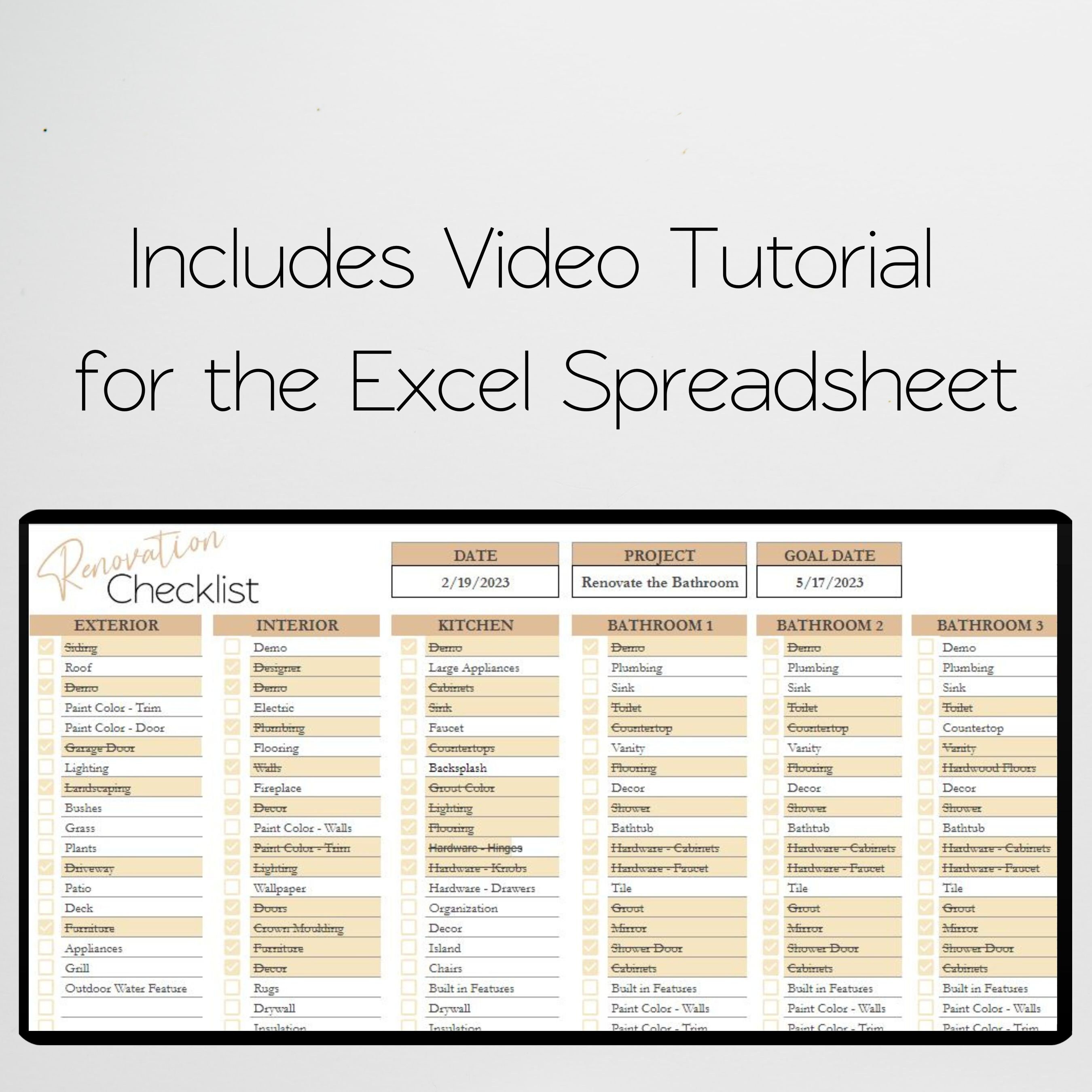 Home Renovation Spreadsheet, Home Remodel Checklist, Kitchen Renovation ...