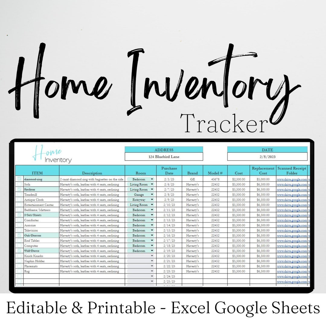 Home Inventory Spreadsheet, Home Inventory Template, Home Inventory