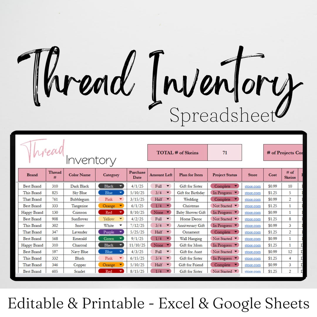 Thread Inventory Tracker Spreadsheet Template, Cross Stitch Thread ...