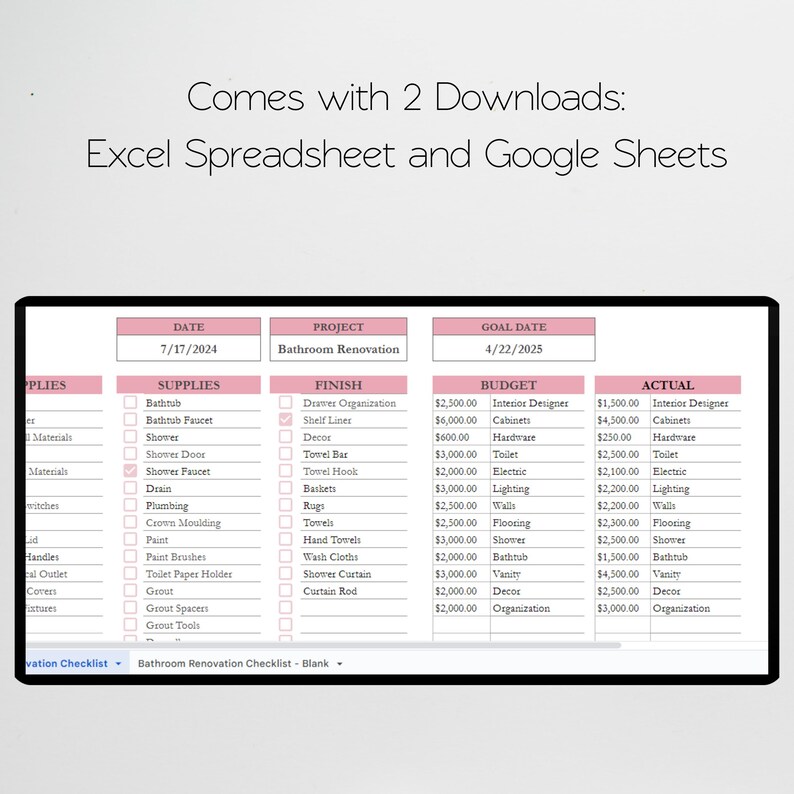 Bathroom Renovation Checklist Google Sheets, Bathroom Remodel Check List Excel Spreadsheet, Home Bath Remodel Guide Planner Template image 8