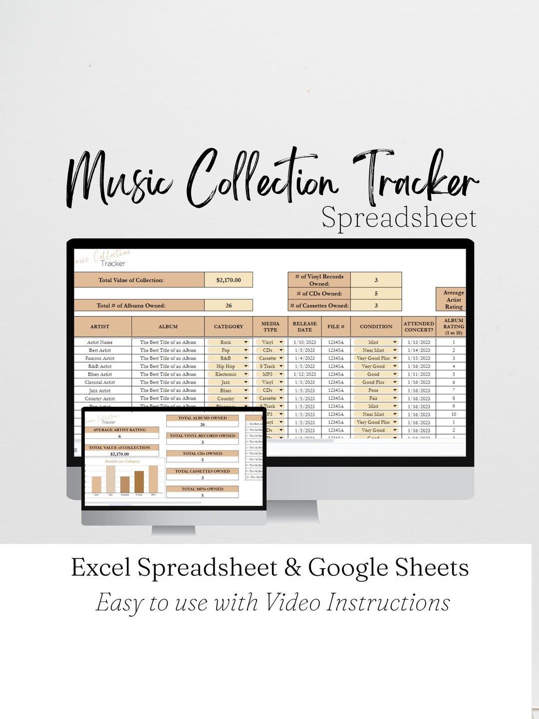Music Collection Tracker Excel Spreadsheet, Music Tracker Google Sheets
