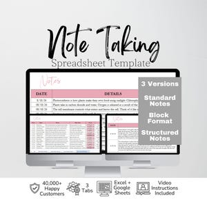May include: A digital note taking spreadsheet template displayed on a computer monitor. The screen shows tables with pink headers labeled Notes, Date, and Details. A gray box lists 3 Versions: Standard Notes, Block Format, Structured Notes.