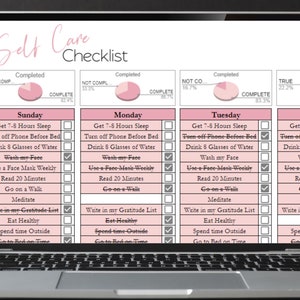 May include: A pink and white self-care checklist with a daily schedule for Sunday, Monday, Tuesday, and Wednesday. The checklist includes tasks such as getting 7-8 hours of sleep, turning off the phone before bed, drinking 8 glasses of water, washing your face, using a face mask weekly, reading for 20 minutes, going on a walk, meditating, writing in a gratitude list, eating healthy, spending time outside, and going to bed on time.