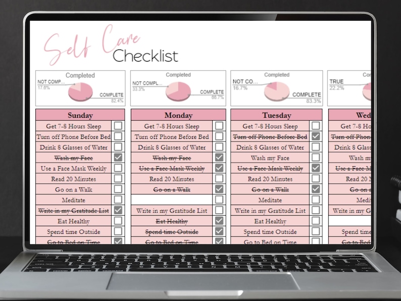 May include: A pink and white self-care checklist with a daily schedule for Sunday, Monday, Tuesday, and Wednesday. The checklist includes tasks such as getting 7-8 hours of sleep, turning off the phone before bed, drinking 8 glasses of water, washing your face, using a face mask weekly, reading for 20 minutes, going on a walk, meditating, writing in a gratitude list, eating healthy, spending time outside, and going to bed on time.