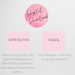 May include: A pink watercolor graphic with the text "Digital Download" in black. Below the graphic are two pink squares with the text "DOWNLOAD:" and "TRACK" in black. The text below the squares reads "After you purchase, the link to download your files will be available in your account's purchases section." and "Your Mileage in this easy to use Spreadsheet!"