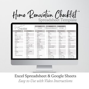Lista de verificación para renovación, Hoja de cálculo para renovación de viviendas, Lista de verificación para remodelación de viviendas, Remodelación de cocinas, Remodelación de baños, Diseño de interiores Excel Google