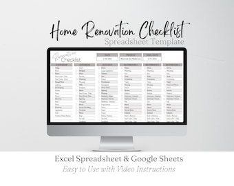 Renovation Checklist, Home Renovation Spreadsheet, Home Remodel Checklist, Kitchen Remodel, Bathroom Remodel, Interior Design Excel Google