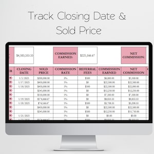 May include: A computer monitor displaying a digital spreadsheet with the text Track Closing Date & Sold Price at the top. The table includes columns for closing date, sold price, commission rate, referral fees, commission earned, and net commission.