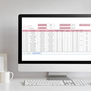 May include: A computer screen displaying a mileage tracker spreadsheet with columns for date, description, driven from, destination, distance, tolls, parking fees, total fees, total mileage, and net cost. The spreadsheet is titled "Mileage Tracker".