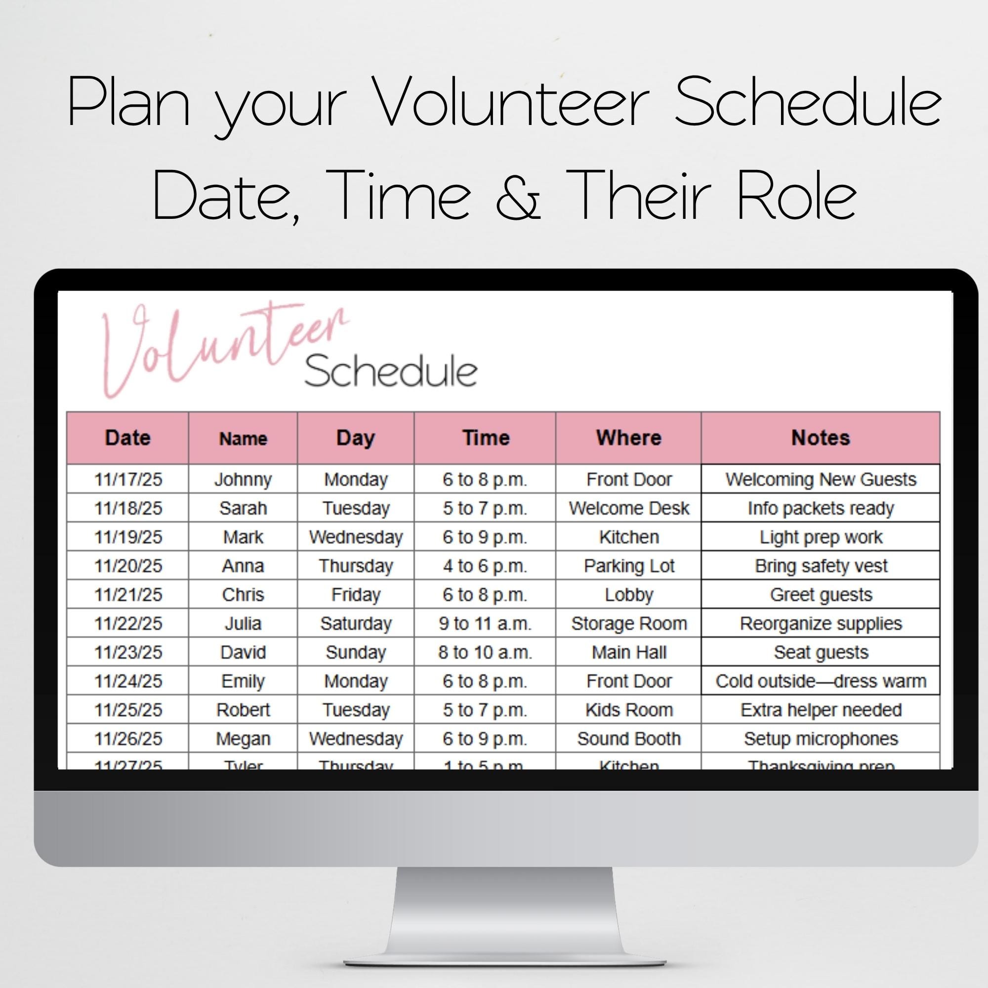 Church Roster Spreadsheet Volunteer Roster, Volunteer Schedule, Editable Scheduling Template ...