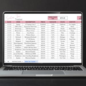 May include: A laptop computer screen displaying a sales tax tracker spreadsheet with columns for date, item, description, price, tax rate, state, and county. The spreadsheet shows a list of items purchased, their prices, and the sales tax charged for each item.