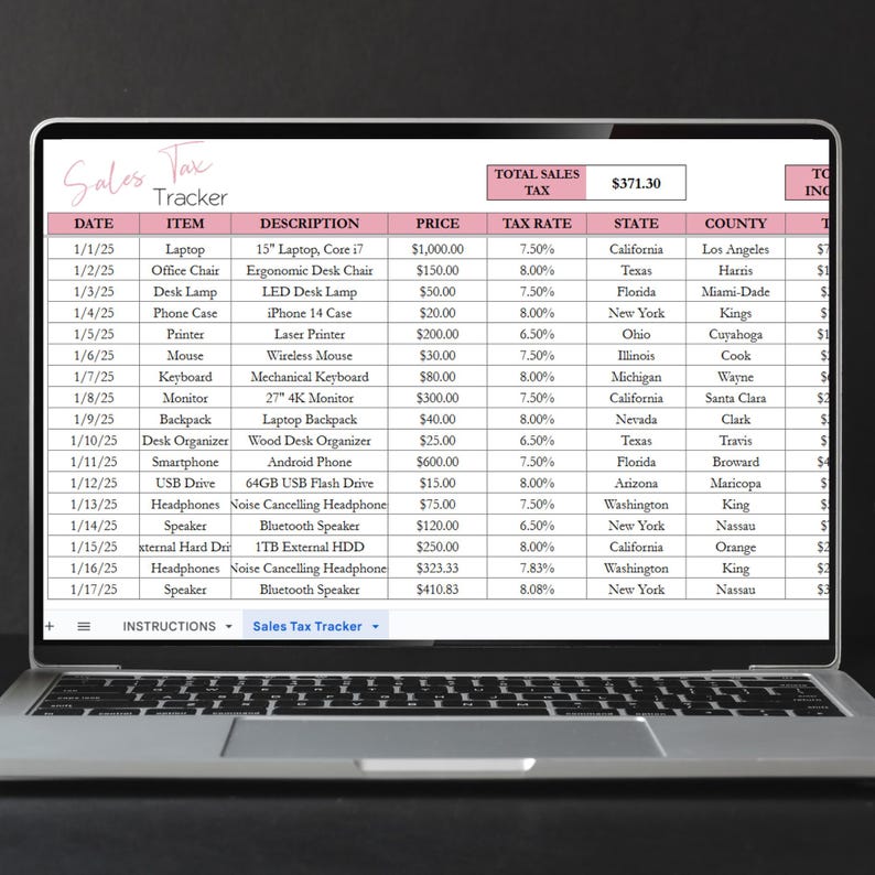 May include: A laptop computer screen displaying a sales tax tracker spreadsheet with columns for date, item, description, price, tax rate, state, and county. The spreadsheet shows a list of items purchased, their prices, and the sales tax charged for each item.