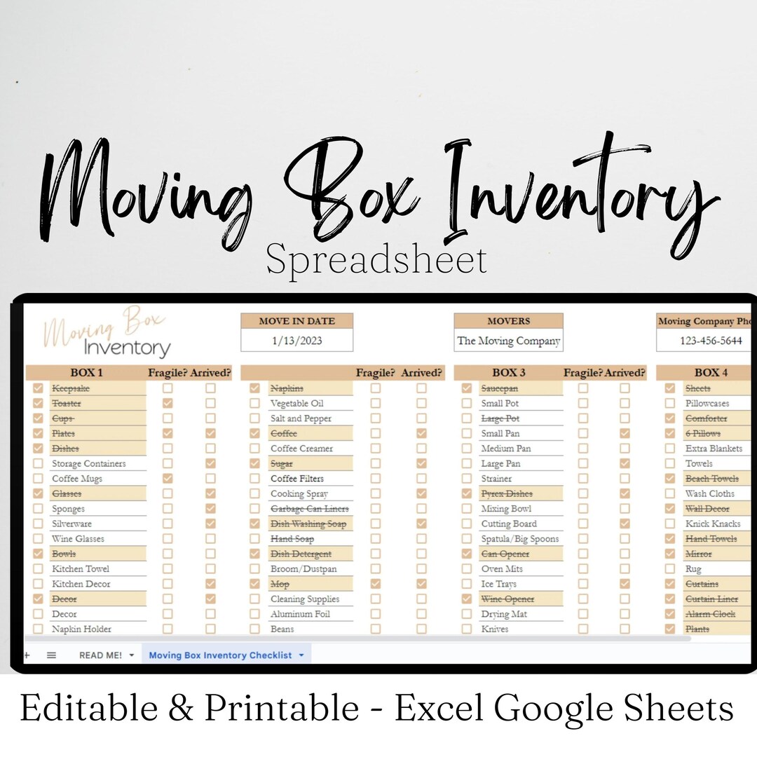 Moving Box Inventory Template, Moving Planner, Moving Box Checklist, Storage Inventory, Moving ...