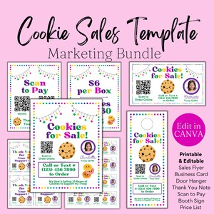 Bundel koekjessjabloon, poster koekjeskraam, bedanksjabloon meisjestroep met QR-code 2025, visitekaartje koekjesverkoop, afdrukbare flyer