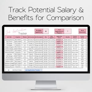 May include: A computer monitor displays a job application tracker spreadsheet. The spreadsheet includes columns for job title, employer, location, pay, and application status. The title at the top reads "Track Potential Salary & Benefits for Comparison."