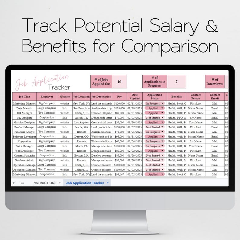 May include: A computer monitor displays a job application tracker spreadsheet. The spreadsheet includes columns for job title, employer, location, pay, and application status. The title at the top reads "Track Potential Salary & Benefits for Comparison."