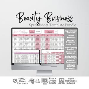 May include: A digital spreadsheet template bundle for beauty businesses displayed on a computer screen. The interface features pink and white tables for appointment tracking, client management, and bookkeeping, with text listing various included trackers.