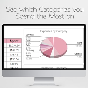 May include: A computer monitor displays a financial pie chart and expense breakdown. The screen shows a pink pie chart labeled "Expenses by Category" with percentages for rent, utilities, and other categories. Text at the top reads "See which Categories you Spend the Most on."