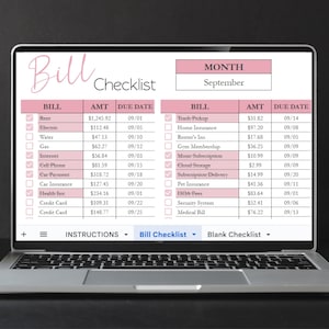 Puede incluir: Una pantalla de port&aacute;til muestra una lista de verificaci&oacute;n de facturas rosa y blanca para septiembre. La lista incluye categor&iacute;as como alquiler, servicios p&uacute;blicos y seguros, con importes y fechas de vencimiento. El t&iacute;tulo "Bill Checklist" est&aacute; en la parte superior.