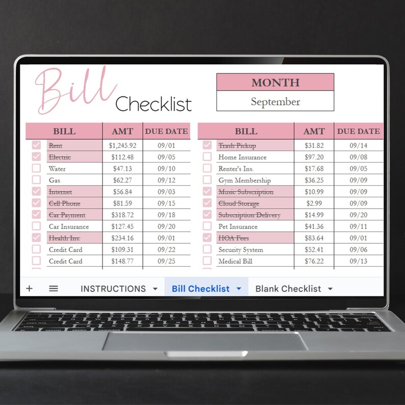 Puede incluir: Una pantalla de port&aacute;til muestra una lista de verificaci&oacute;n de facturas rosa y blanca para septiembre. La lista incluye categor&iacute;as como alquiler, servicios p&uacute;blicos y seguros, con importes y fechas de vencimiento. El t&iacute;tulo "Bill Checklist" est&aacute; en la parte superior.