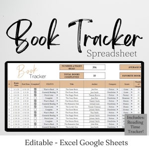 Book Tracker Excel, Book Tracker Log, Book Tracking Checklist, Book Reading Log, Book Tracker, Editable Book Journal, Book Log Google Sheets