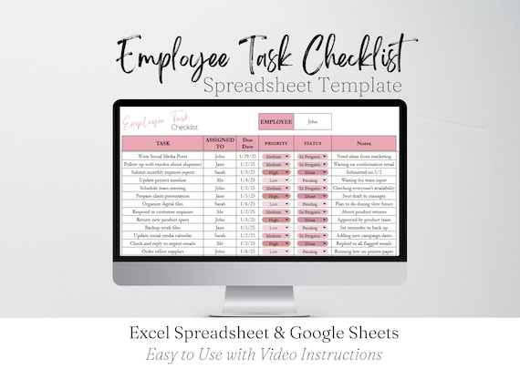 Employee Task Checklist, Excel To Do List Template, Daily Task Manager Google Sheet, Activity  Tracker Digital Checklist Office Organizer
