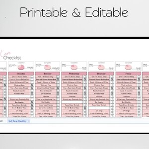 May include: A printable self-care checklist with a pink and white color scheme. The checklist includes daily tasks such as getting 7-8 hours of sleep, drinking 8 glasses of water, meditating, and taking a hot shower. The checklist is divided into seven days of the week: Sunday, Monday, Tuesday, Wednesday, Thursday, Friday, and Saturday.