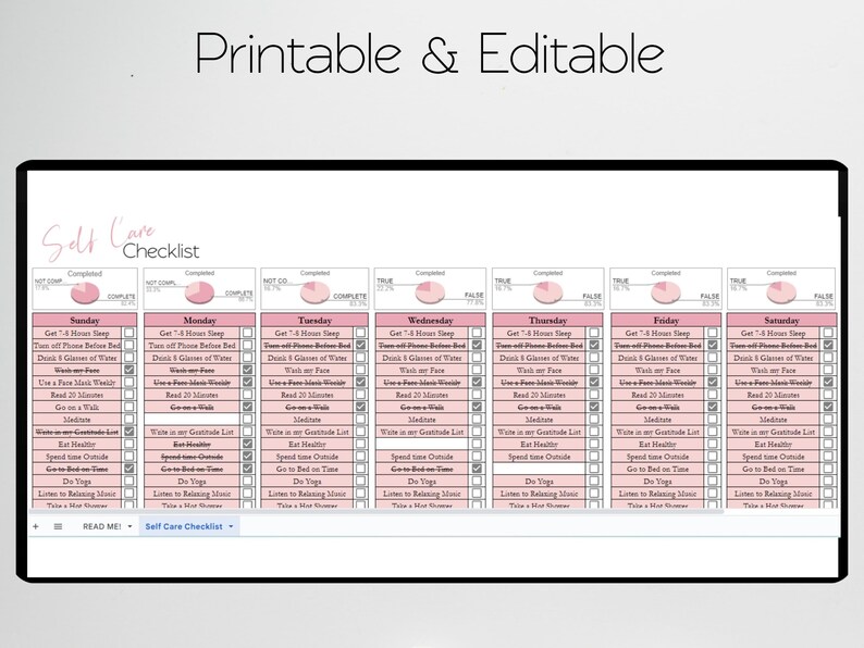 May include: A printable self-care checklist with a pink and white color scheme. The checklist includes daily tasks such as getting 7-8 hours of sleep, drinking 8 glasses of water, meditating, and taking a hot shower. The checklist is divided into seven days of the week: Sunday, Monday, Tuesday, Wednesday, Thursday, Friday, and Saturday.