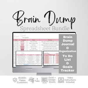 May include: A digital spreadsheet bundle displayed on a computer monitor, featuring a Brain Dump template with columns for date, category, item, and actions. The interface includes pink accents and text labels for a journal, to-do list, and goals tracker.