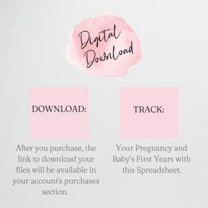 Pode incluir: Um gr&aacute;fico de download digital com fundo de aquarela rosa. O texto "Download digital" est&aacute; escrito em it&aacute;lico preto. Duas caixas rosa com texto preto dizem "DOWNLOAD: Ap&oacute;s a compra, o link para baixar seus arquivos estar&aacute; dispon&iacute;vel na se&ccedil;&atilde;o de compras da sua conta." e "TRACK: Sua gravidez e os primeiros anos do seu beb&ecirc; com esta planilha."