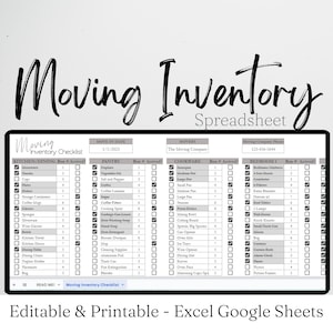 Modèle d'inventaire de déménagement, feuille de calcul Excel, agenda de déménagement, feuilles Google, liste de contrôle pour déménagement, liste d'inventaire de déménagement et d'emballage