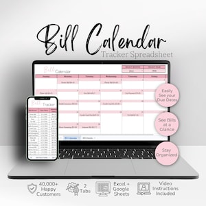 Puede incluir: Un ordenador portátil y un smartphone muestran una hoja de cálculo de calendario de facturas con encabezados rosas y blancos. La pantalla muestra una cuadrícula de calendario mensual con facturas, fechas y montos. Tres círculos rosas contienen texto.