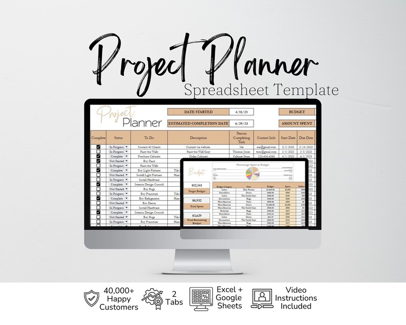 Planificador de gestión de proyectos / Seguimiento de proyectos en Google Sheets y Excel / Gestor de tareas, planificador de presupuestos, plantilla de planificación empresarial imagen 1