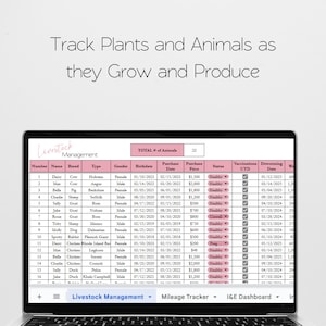 May include: A computer screen displaying a spreadsheet with a list of animals and their information, including name, breed, type, gender, birthdate, purchase date, purchase price, status, vaccinations, deworming date, and weight. The spreadsheet is titled "Livestock Management".