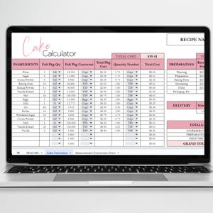 May include: A laptop screen displaying a digital Cake Calculator spreadsheet. The interface features pink headers, columns for ingredients, package quantities, costs, and preparation details, with a total cost of $19.41 visible at the top right.