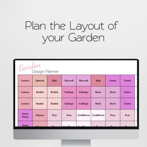 Puede incluir: Un planificador de dise&ntilde;o de jard&iacute;n rosa y blanco con un dise&ntilde;o de cuadr&iacute;cula. La cuadr&iacute;cula est&aacute; etiquetada con diferentes verduras, incluyendo lechuga, espinacas, col rizada, br&oacute;coli, col, remolacha, zanahorias, cebollas verdes, cilantro, guisantes y coliflor.