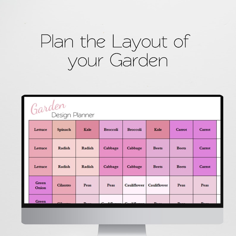 Puede incluir: Un planificador de dise&ntilde;o de jard&iacute;n rosa y blanco con un dise&ntilde;o de cuadr&iacute;cula. La cuadr&iacute;cula est&aacute; etiquetada con diferentes verduras, incluyendo lechuga, espinacas, col rizada, br&oacute;coli, col, remolacha, zanahorias, cebollas verdes, cilantro, guisantes y coliflor.